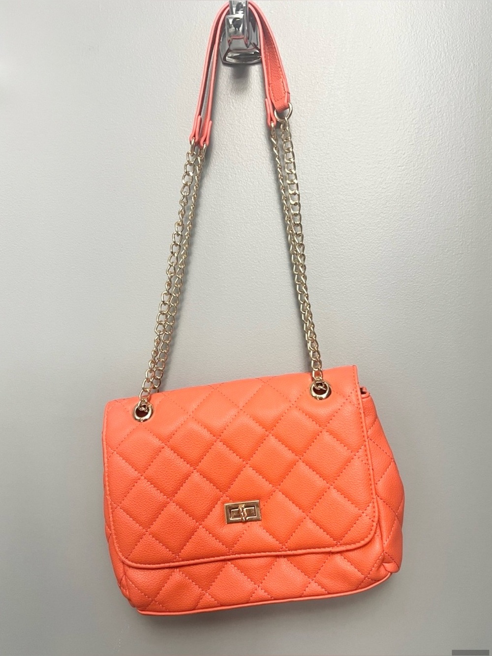 Quilted Orange Chain-Handle Shoulder Bag